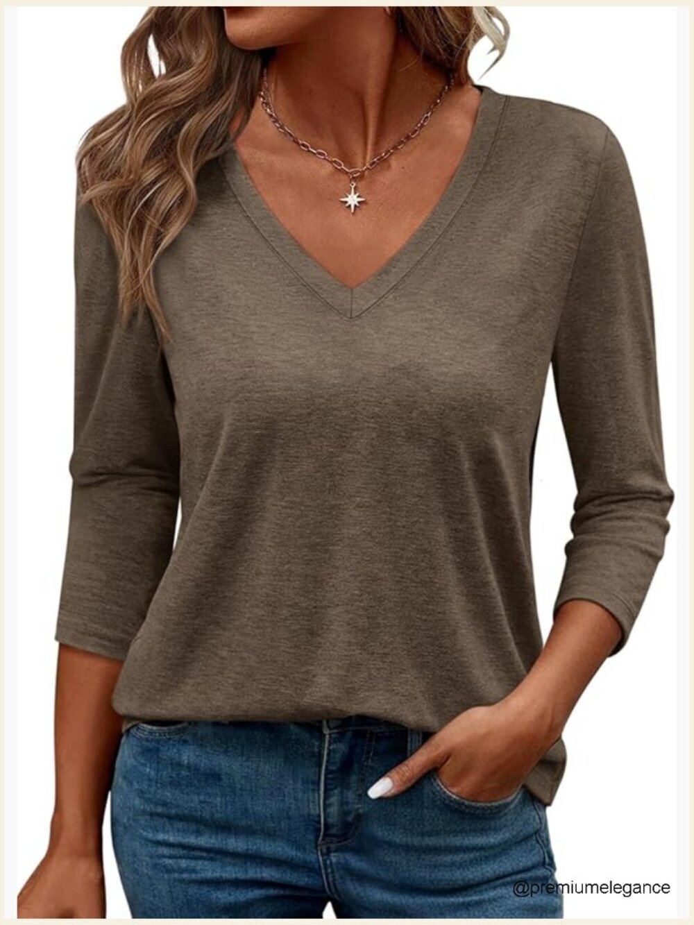 Women's V Neck 3/4 Sleeve Tunic Top Casual Loose Fit Pullover Shirt
